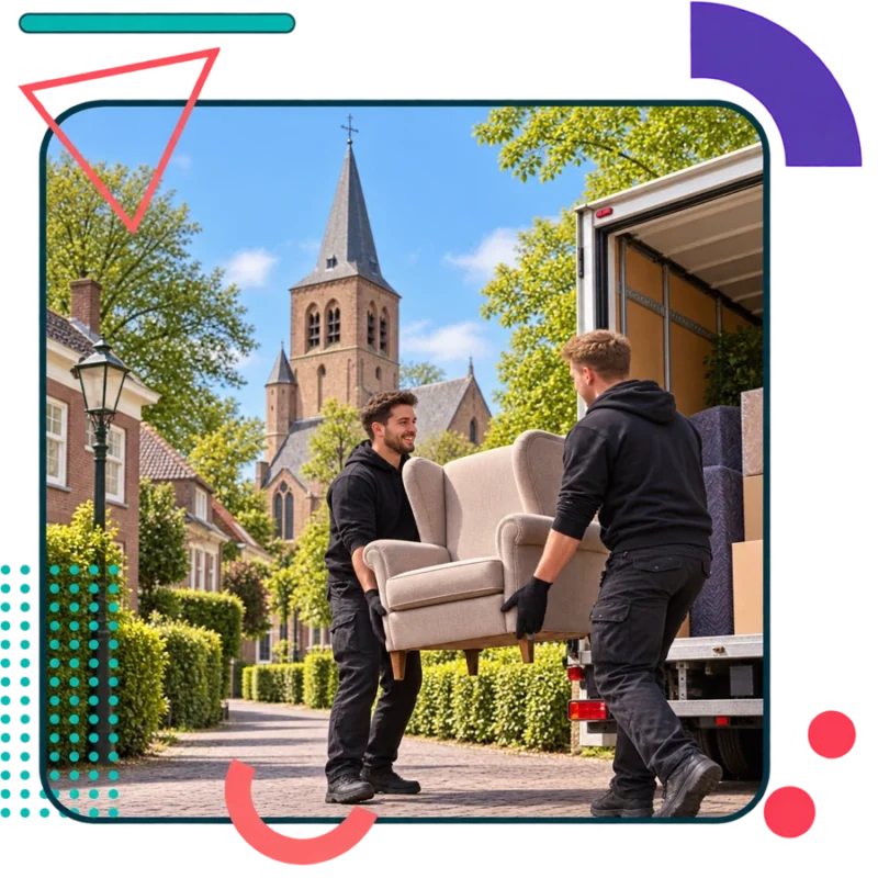 AI-illustratie van verhuizers met een fauteuil bij de kerk in Bakel