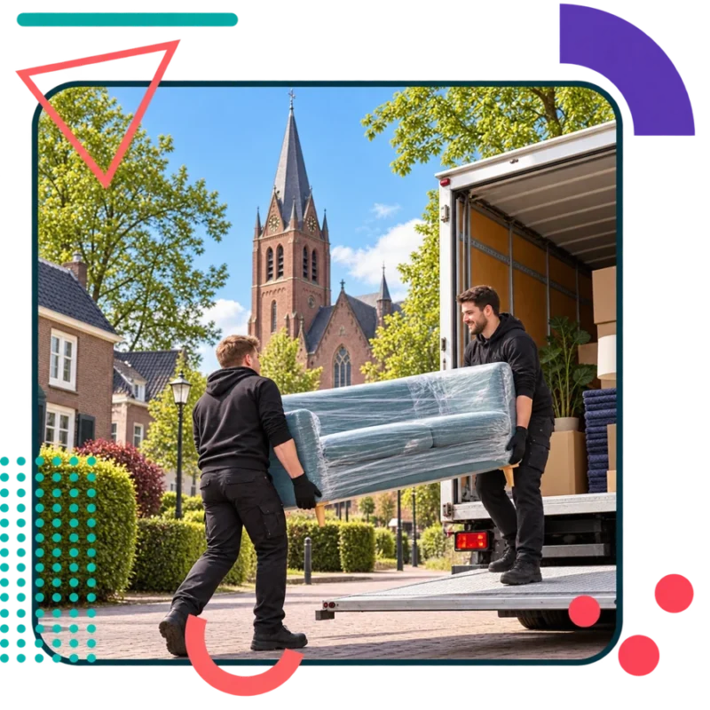 AI-illustratie van verhuizers met een bank bij de kerk in Beek en Donk