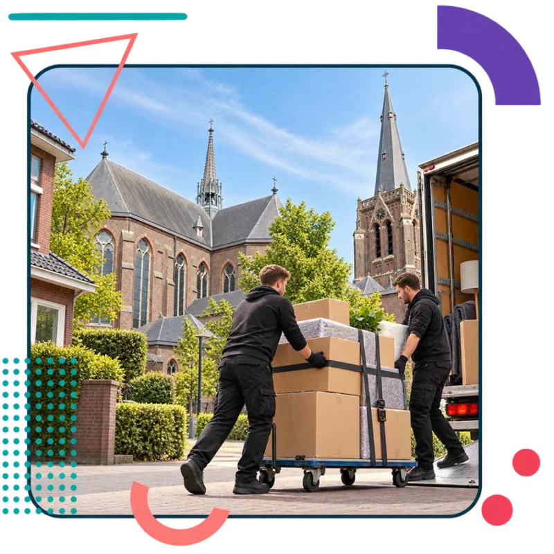 Illustratieve verhuisscène bij de Sint-Odulphuskerk in Best