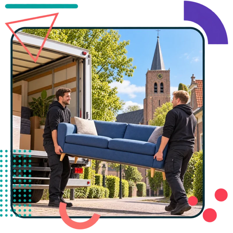 AI-illustratie van verhuizers met een blauwe bank in Breugel