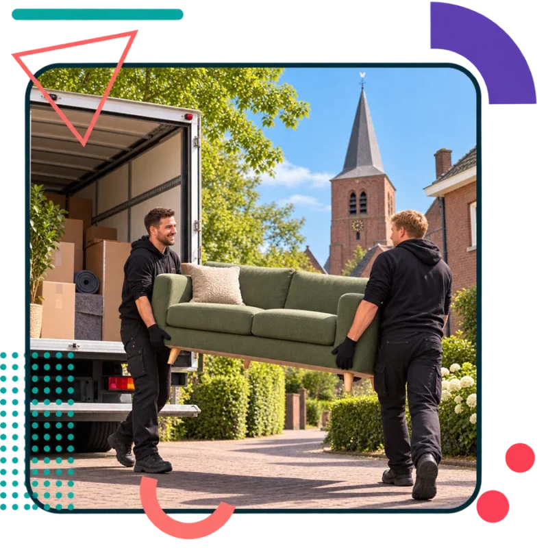 AI-illustratie van verhuizers met een groene bank in De Mortel