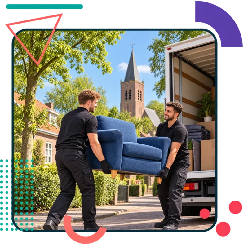 AI-illustratie van verhuizers met een blauwe fauteuil in De Rips