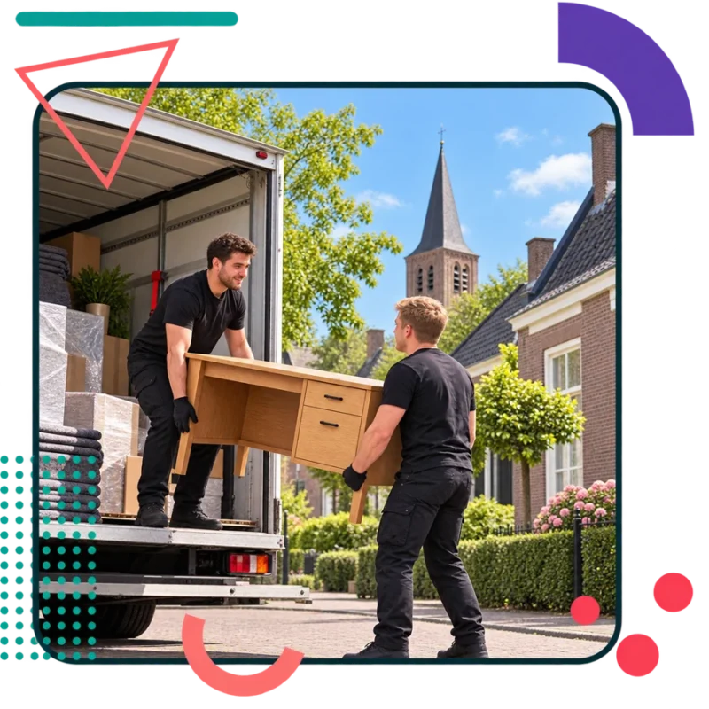 AI-illustratie van verhuizers met een houten bureau in Elsendorp