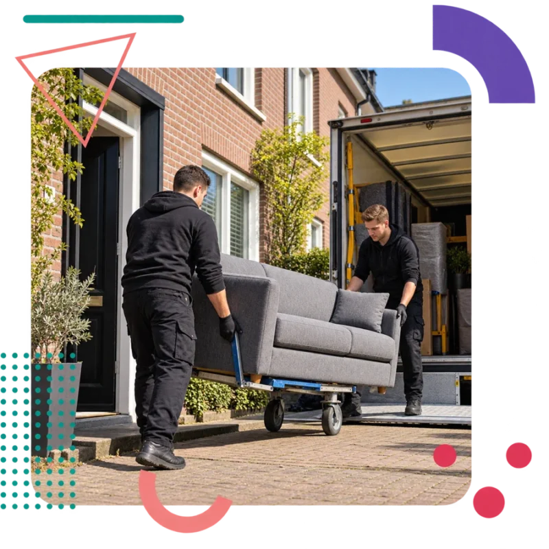 Illustratieve verhuisscène: verhuizers vervoeren een bank op een meubelroller