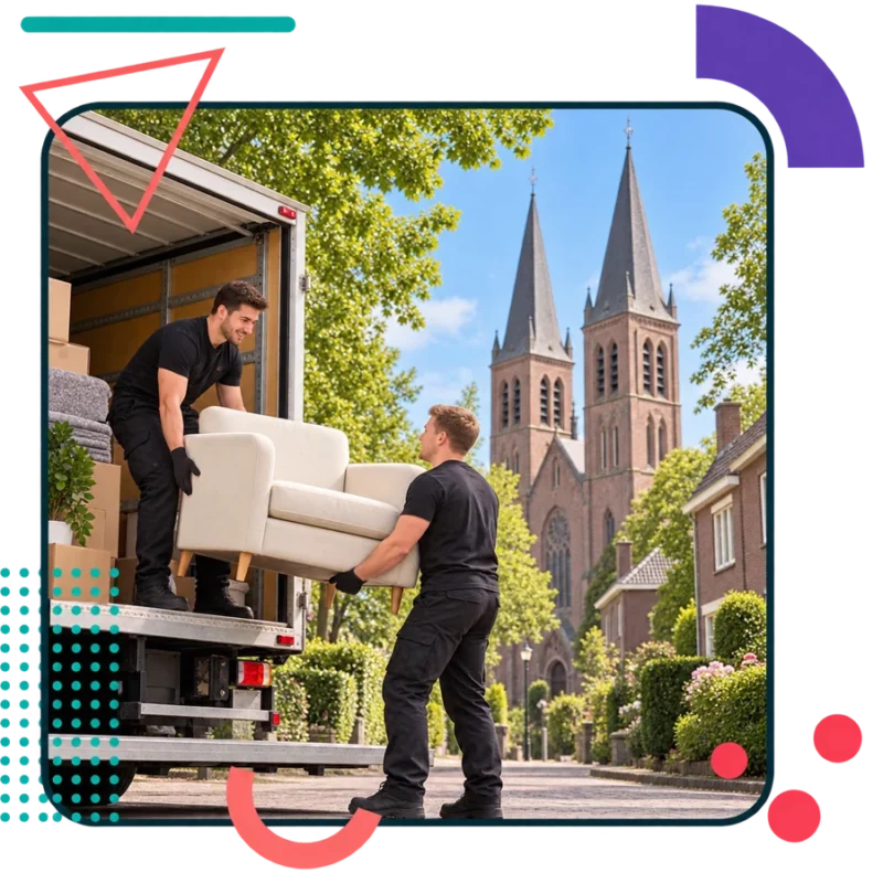 AI-illustratie van verhuizers met een fauteuil bij de Brigidakerk in Geldrop
