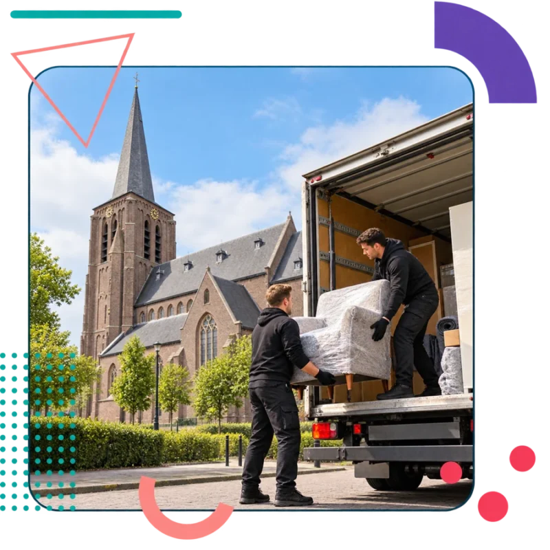 Illustratieve verhuisscène met de Sint-Willibrorduskerk in Bakel op de achtergrond