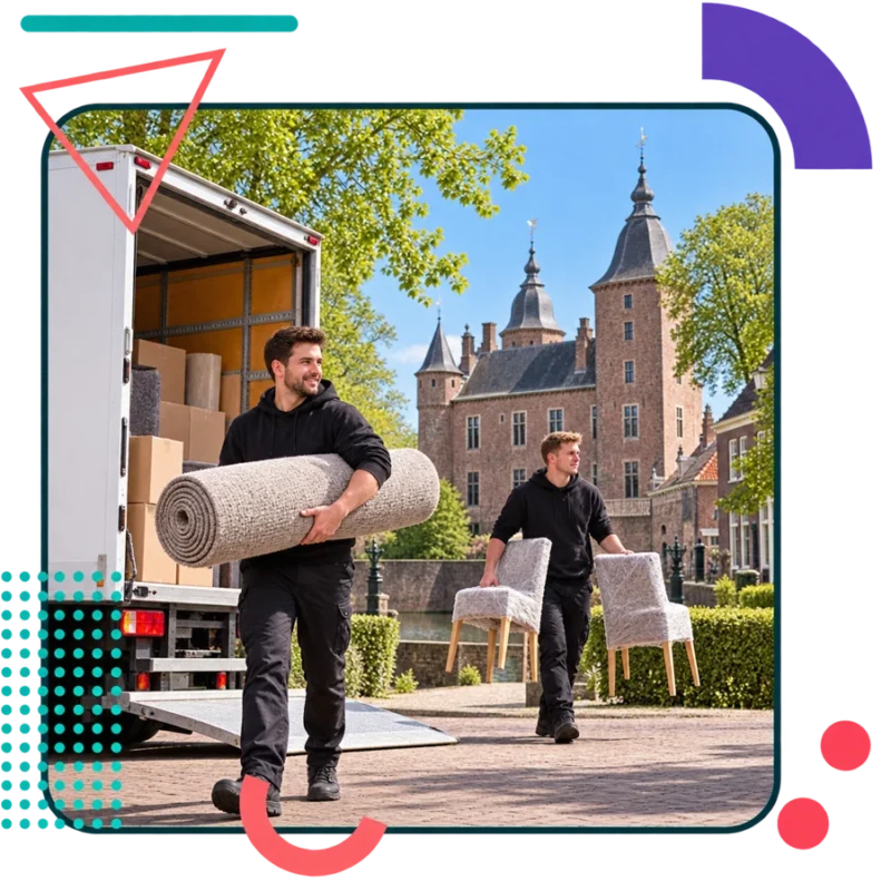 AI-illustratie van verhuizers met stoelen en een vloerkleed bij het kasteel in Gemert