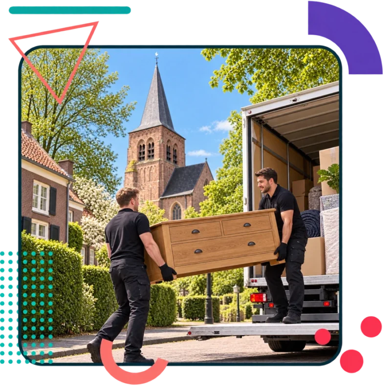 AI-illustratie van verhuizers met een houten dressoir in Gerwen