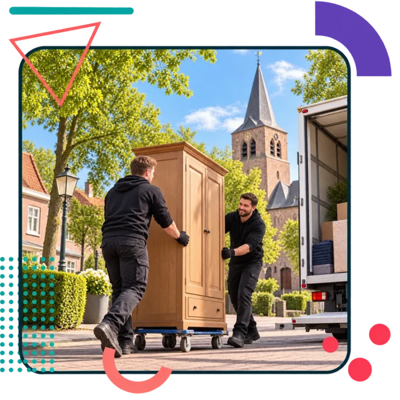 AI-illustratie van verhuizers met een kast op een meubelhondje in Handel