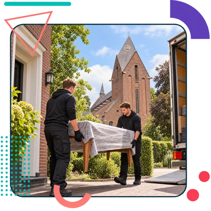 Illustratieve verhuisscène met de Sint-Martinuskerk in Heeze