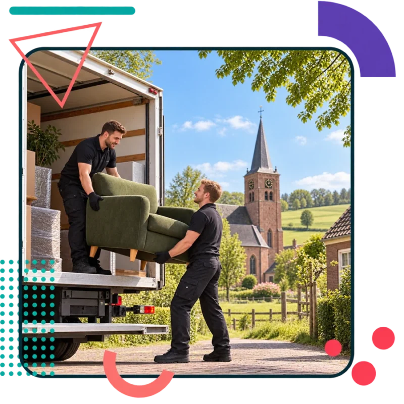 AI-illustratie van verhuizers met een groene fauteuil in Heusden bij Asten