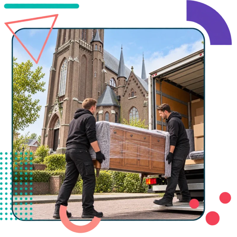 Illustratieve verhuisscène met de Leonarduskerk in Beek en Donk, Laarbeek