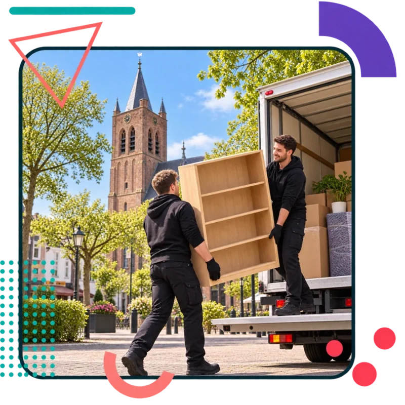 AI-illustratie van verhuizers met een boekenkast in Leende