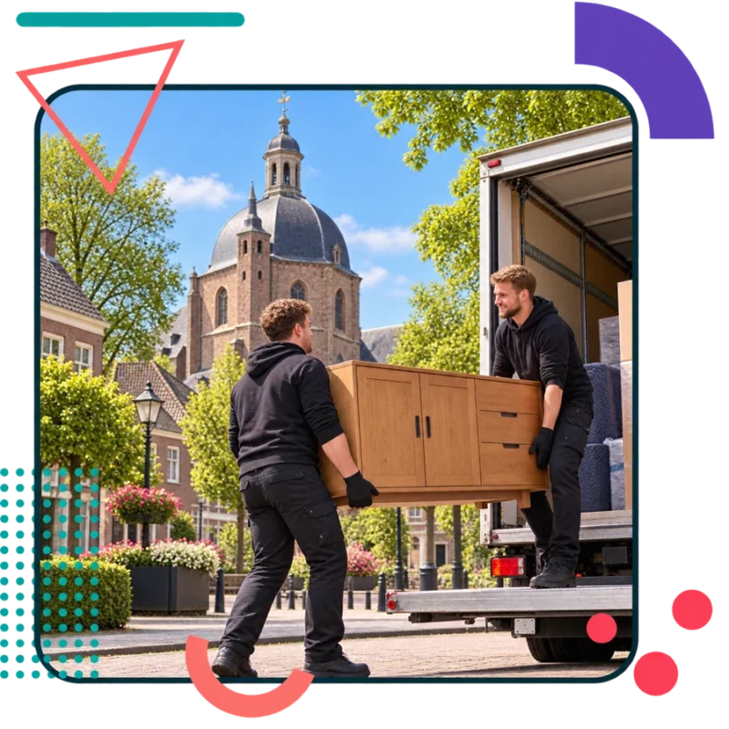 AI-illustratie van verhuizers met een houten dressoir bij een koepelkerk in Lierop