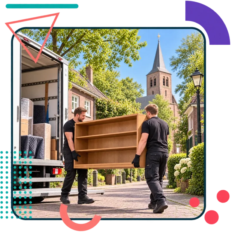AI-illustratie van verhuizers met een boekenkast in Lieshout