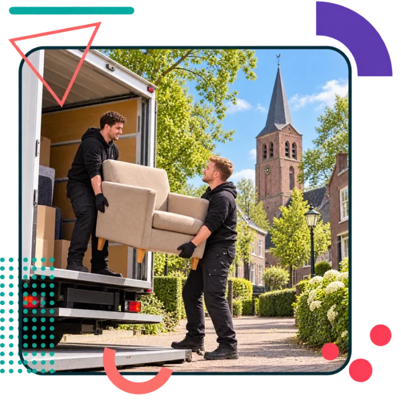 AI-illustratie van verhuizers met een fauteuil in Liessel
