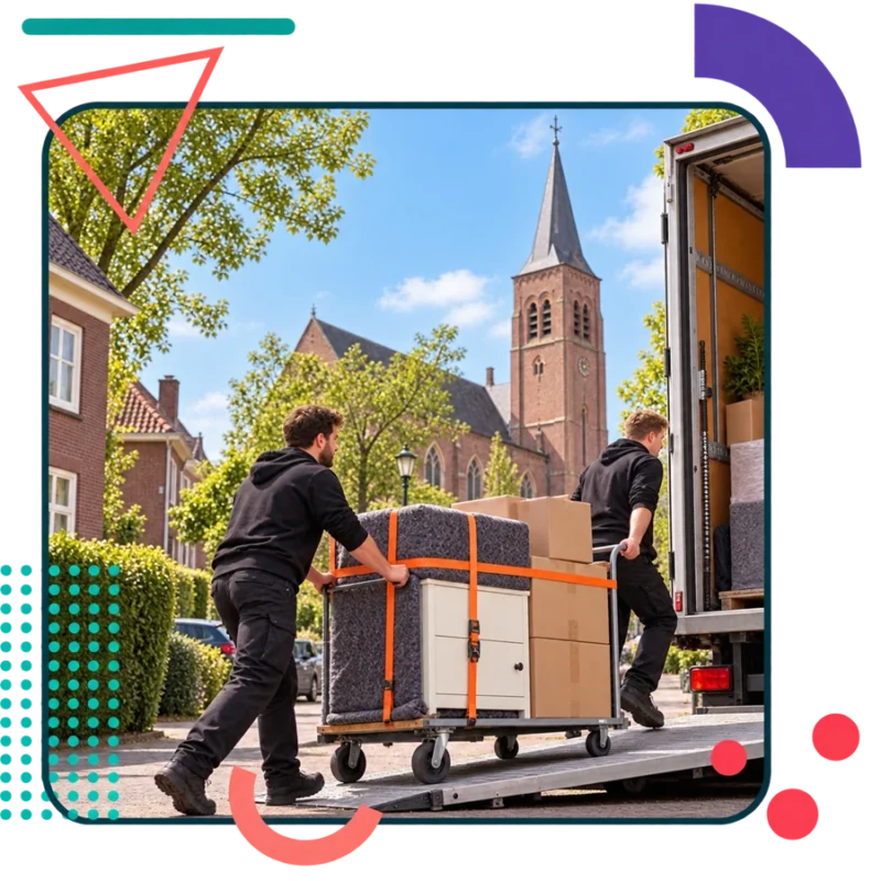 AI-illustratie van verhuizers met een steekwagen en kast in Mariahout