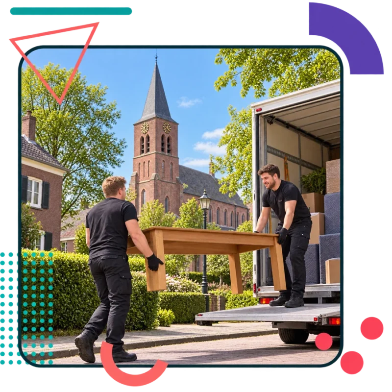 AI-illustratie van verhuizers met een tafel bij de Sint-Luciakerk in Mierlo