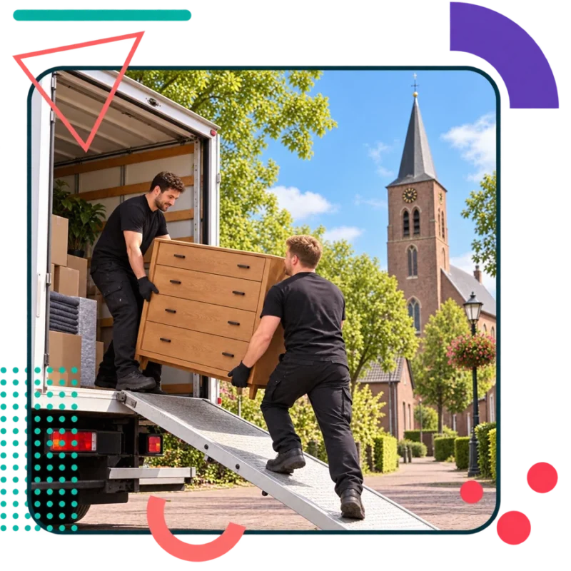 AI-illustratie van verhuizers met een ladekast in Milheeze