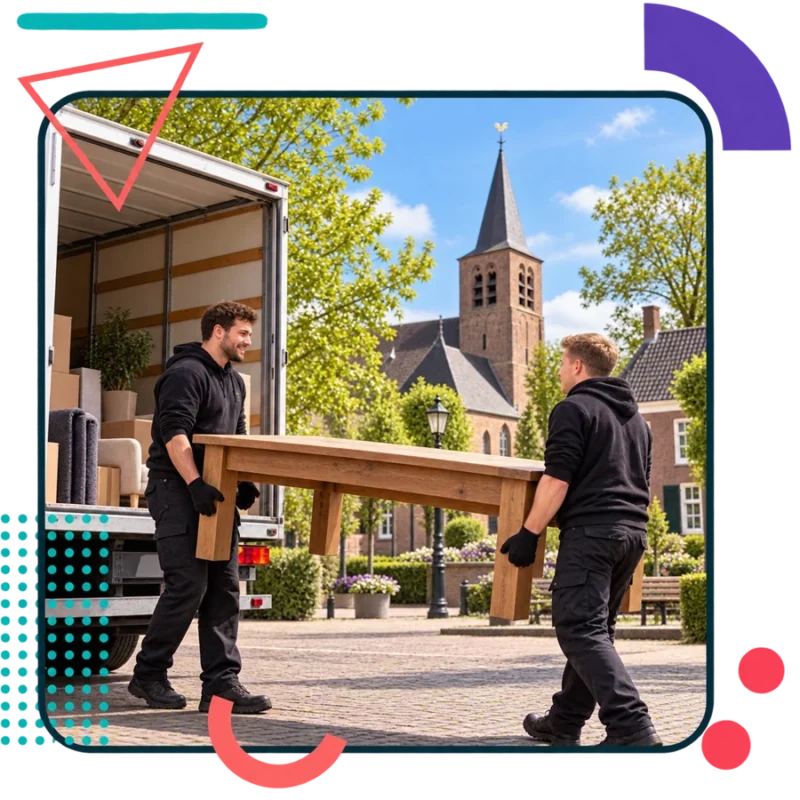 AI-illustratie van verhuizers met een houten tafel in Ommel
