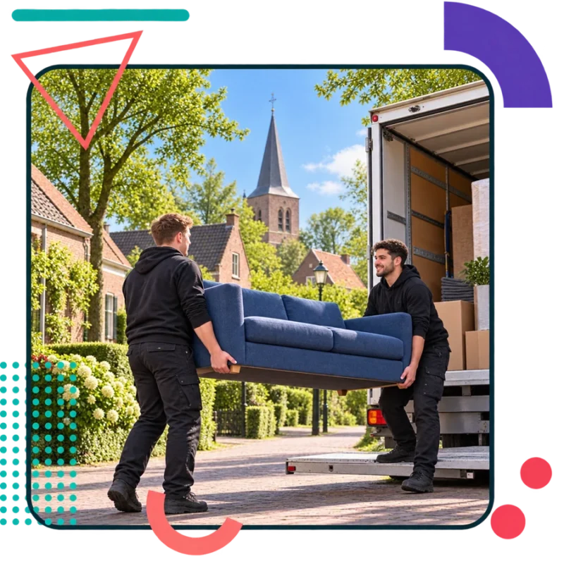 AI-illustratie van verhuizers met een blauwe bank in Someren-Heide