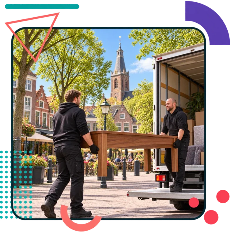 AI-illustratie van verhuizers met een tafel op een dorpsplein in Son