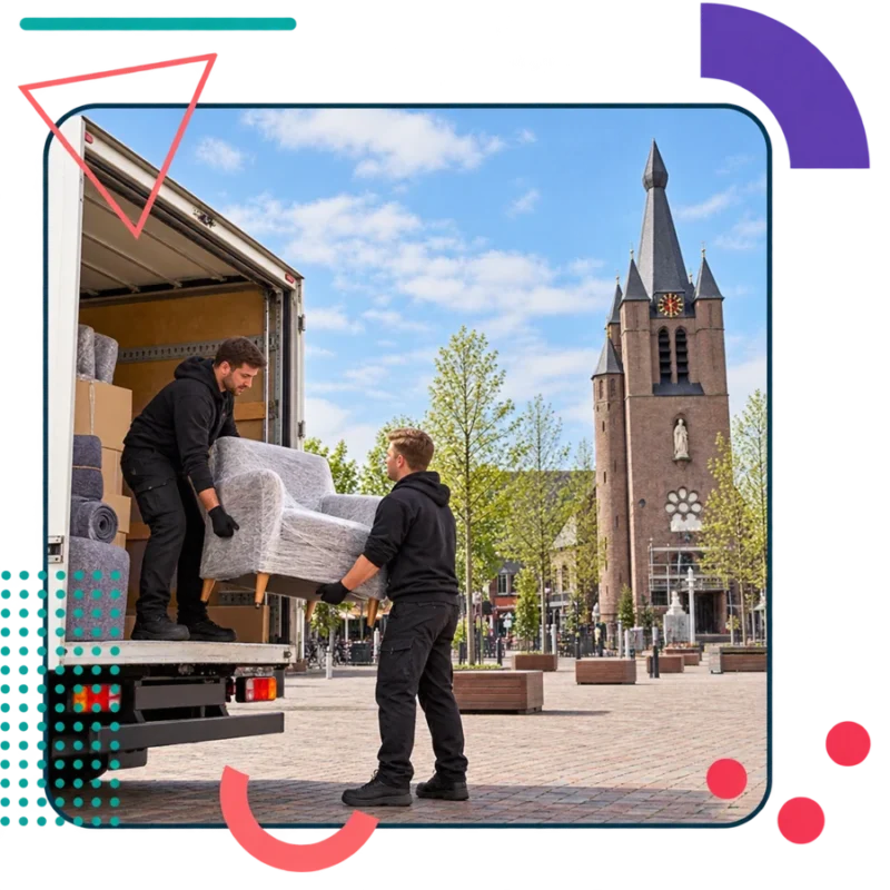 Illustratieve verhuisscène op de Markt met de Sint-Nicolaaskerk in Valkenswaard