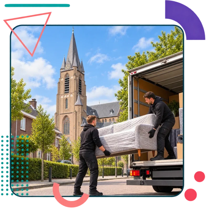 Illustratieve verhuisscène met de Sint-Caeciliakerk in Veldhoven