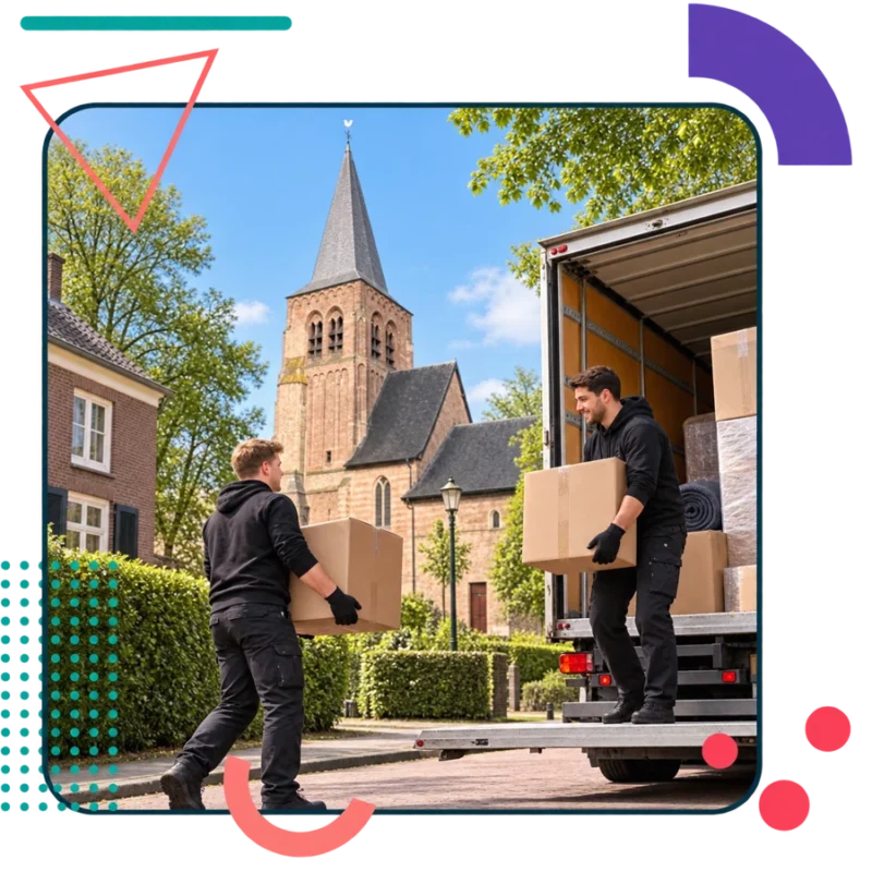 Illustratieve verhuisscène bij de Oude Willibrorduskerk in Waalre